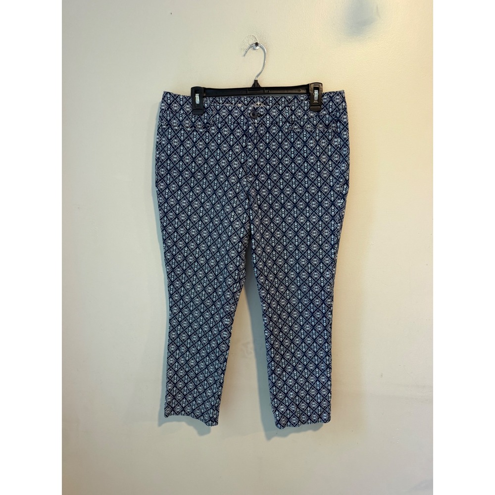 Crown & Ivy Navy Blue Medallion Print Straight Leg Stretch Pants Women Size 14